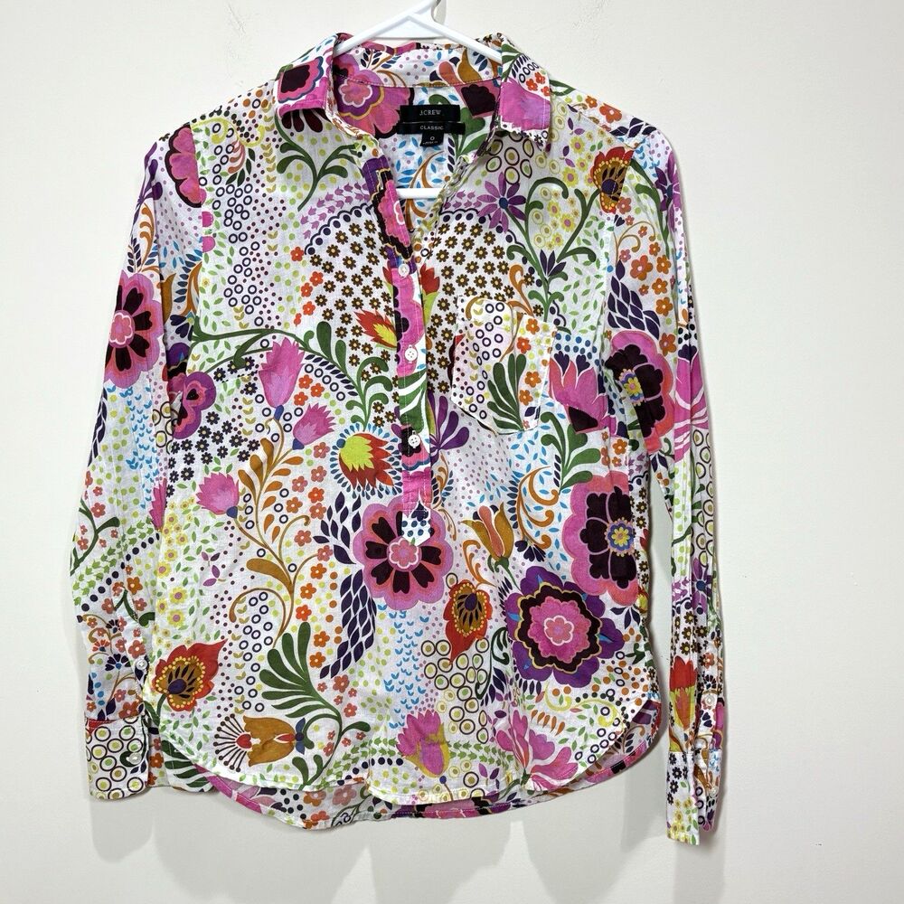 J Crew Pink Floral Ratti Popover Shirt Top Cotton Women 0 Mod Bold Hippie Preppy